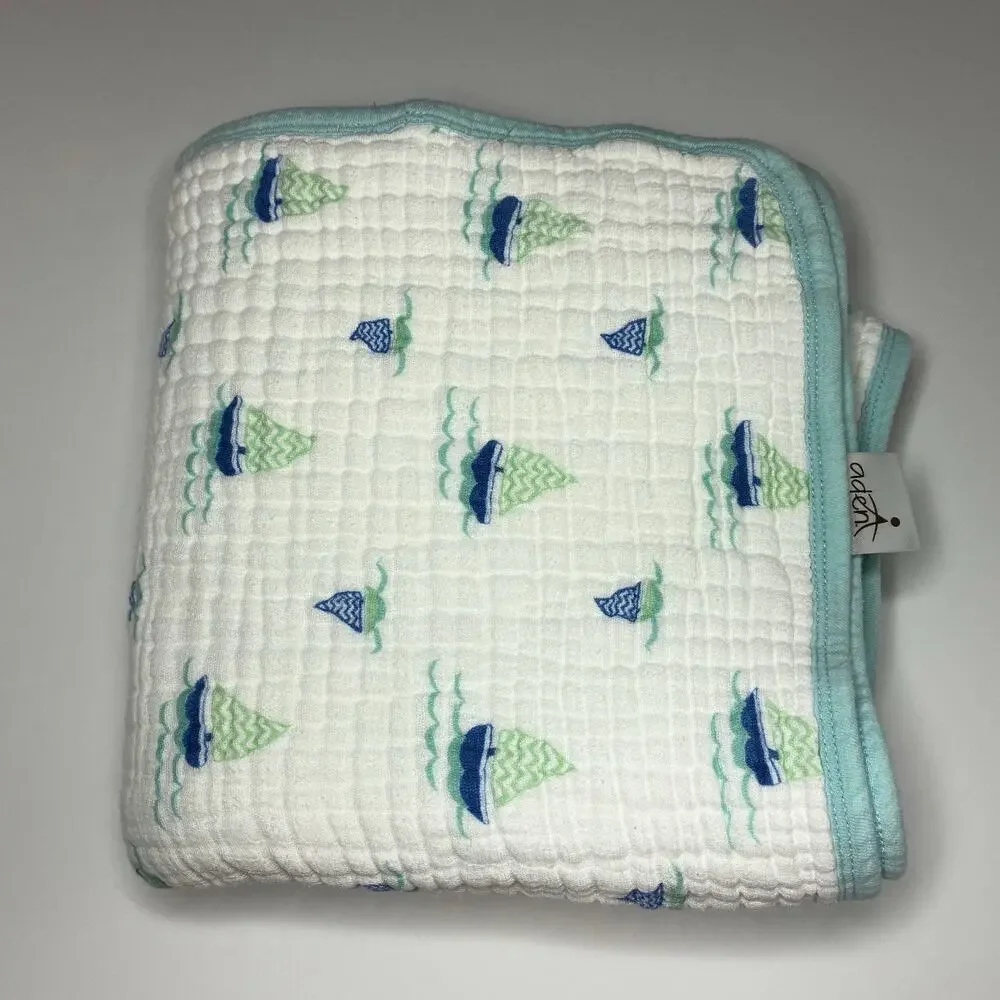 Aden + Anais Dream Baby Blanket White Teal Sailboat Nautical Muslin Cotton